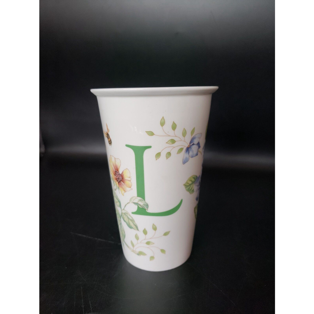 Lenox Butterfly Meadow commuter travel mug no lid "L" initial 12  fl oz